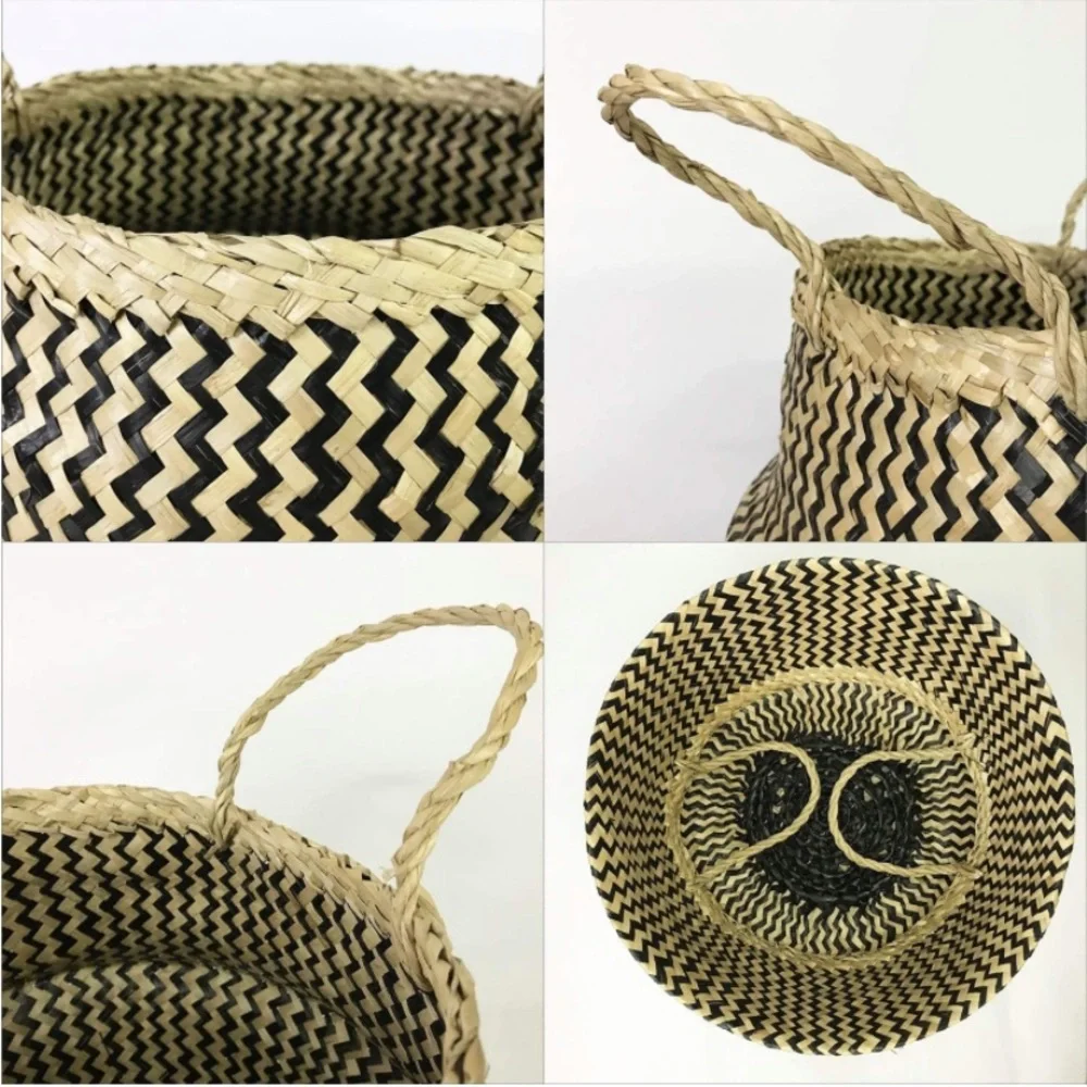 Luxury Home | Boho Chic Black & Natural Beige Woven Seagrass Storage Basket